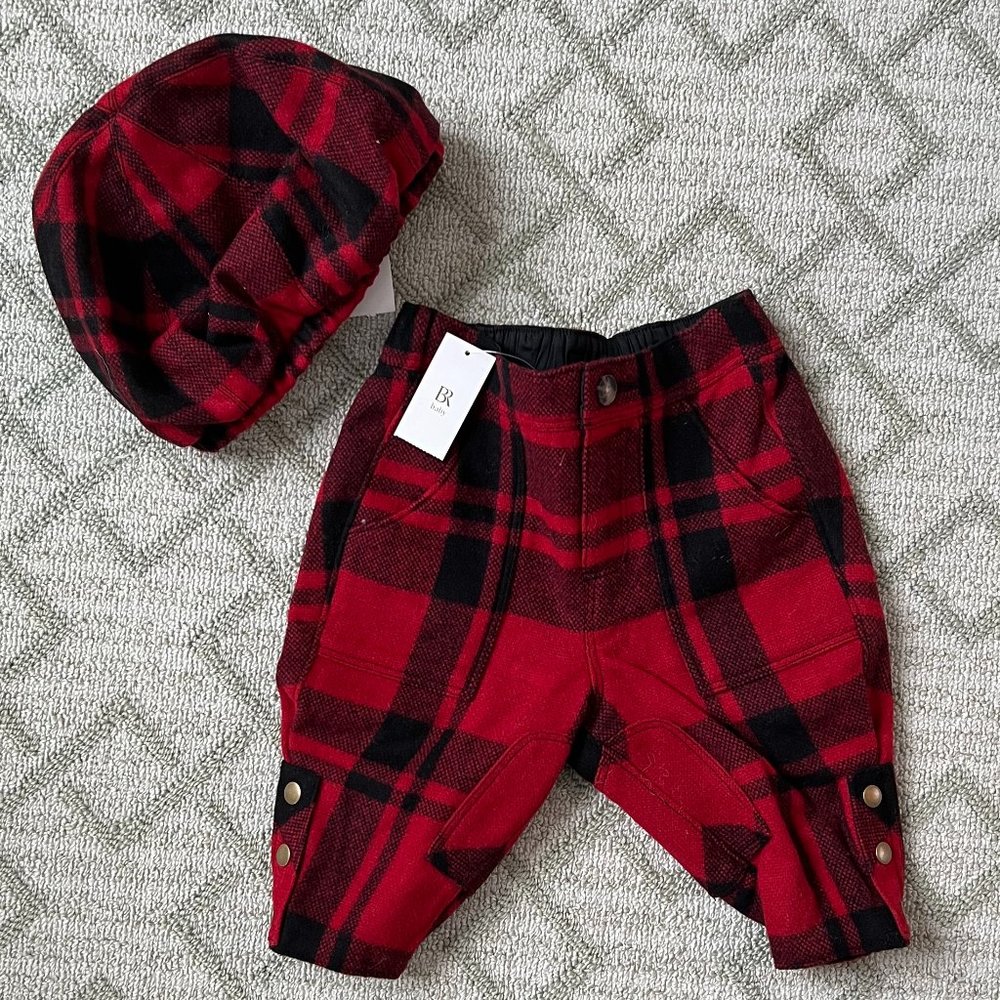 NWT Baby Boys Red Black Plaid Flannel Pants with Hat